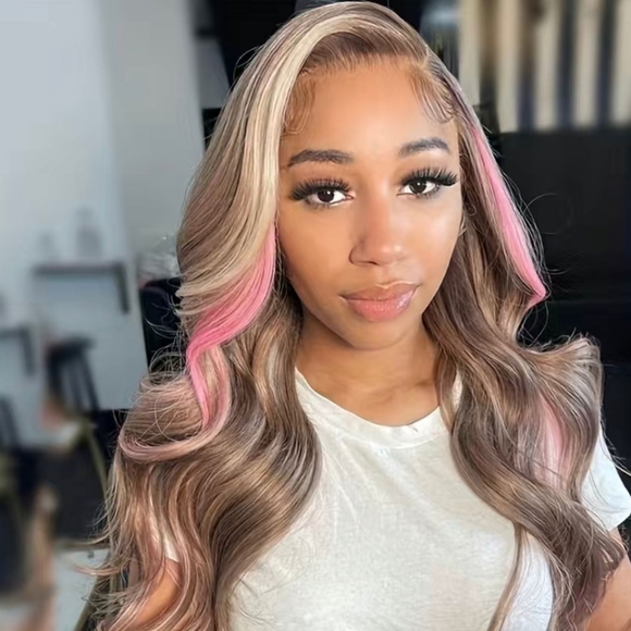 Ombré Highlight Golden Brown/Pink Body Wave Human Hair 13x4 Lace Frontal Wig - Picture 9 of 9